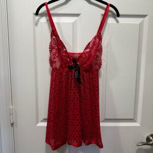 Elegant Red Black Lace Heart Babydoll Pajama Lingerie Size Large